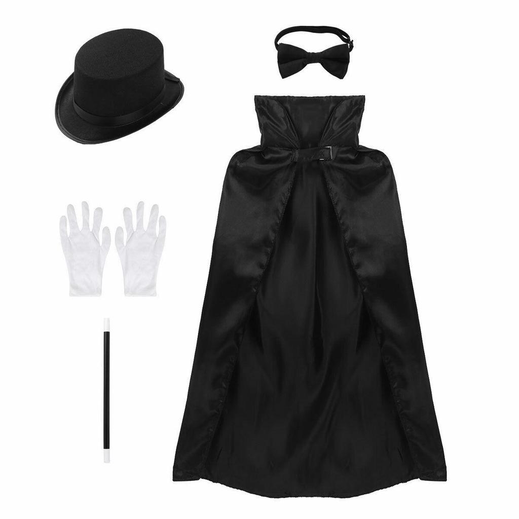 Children's Superhero Costume Set: Black Cape, Magician Hat, Bow Tie, Cane, and Gloves for Role-Playing.