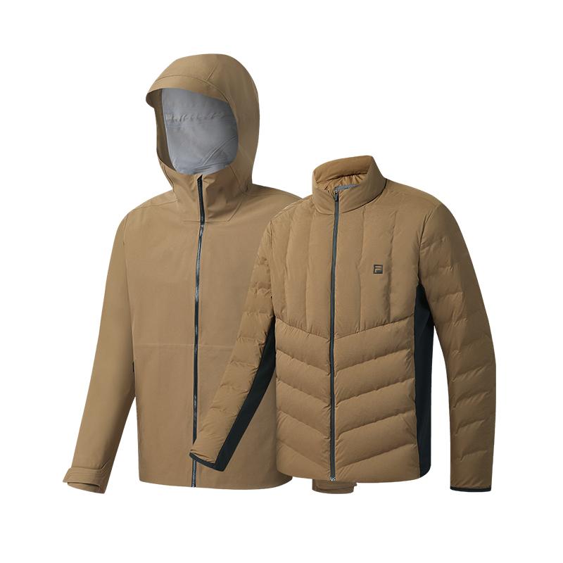 Fila Golf Series Fashion Retro Casual Sports Goose Down Warm Two-Piece Hooded Jacket Men Outerwear Dark-Brown A11M545914FBN