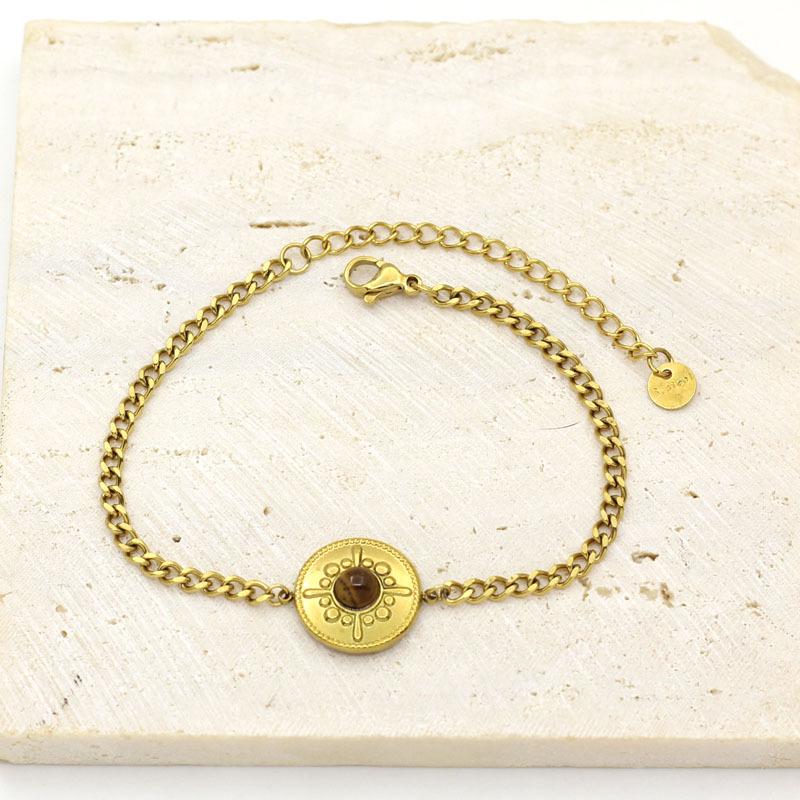 European & American Natural Stone Bracelet with Gold-Plated Stainless Steel Cuban Chain