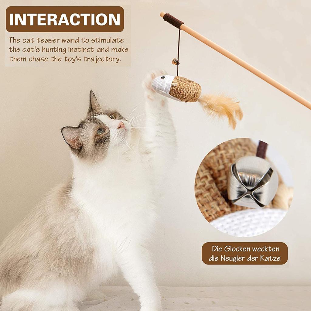 1Pcs Natural Cat Catcher Toy 40cm Wooden Pole With Bell Elastic Pole Turkey Feather Teaser Stick Wooden Pole Linen Feather 28g