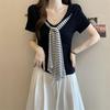 Women's Plus Size Navy Striped Collar Short Sleeve T-Shirt - Summer Versatile Loose Fit, Slimming Fashion Top