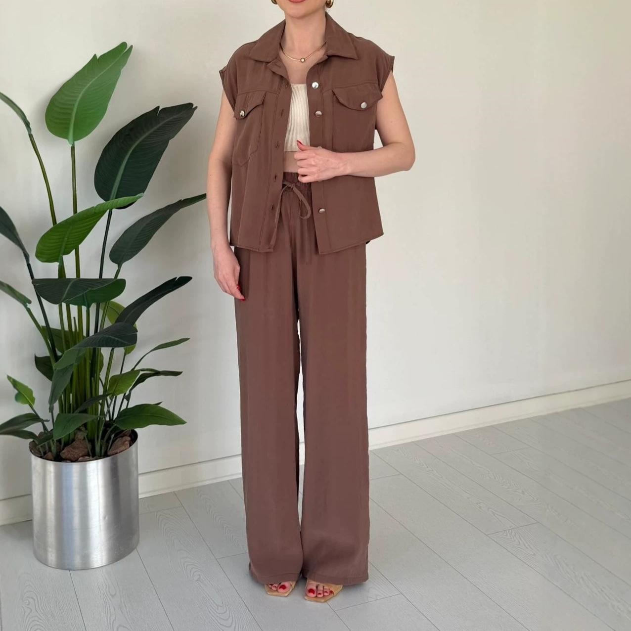 European and  Women s New Tooling Wind Button Lapel Sleeveless Cardigan High Waist Wide Leg Pants Set XS темно-коричневого