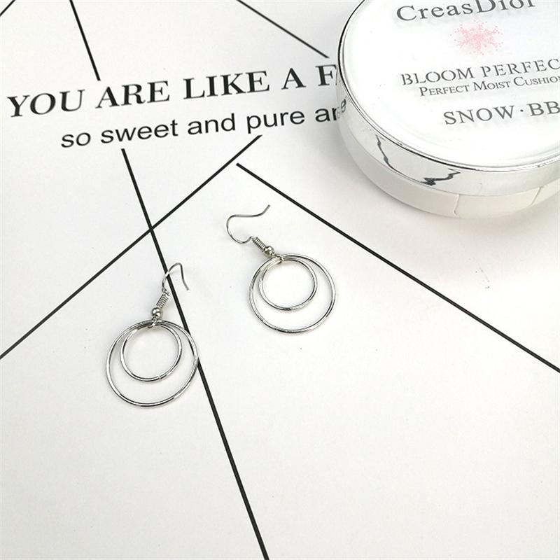 Silver Double Circle Hook Earrings Bohemian Women's Dangle Earrings Small Round Hanging Earrings Boucle D’oreille Femme