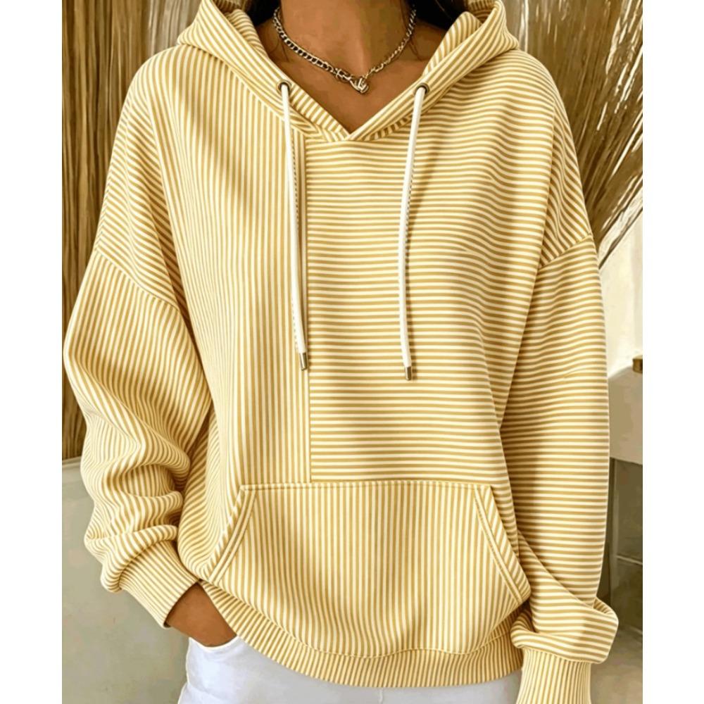 Women's V Neck Long Sleeve Striped Hoodie Casual Loose Pullover Sweatshirt for Daily Wear
