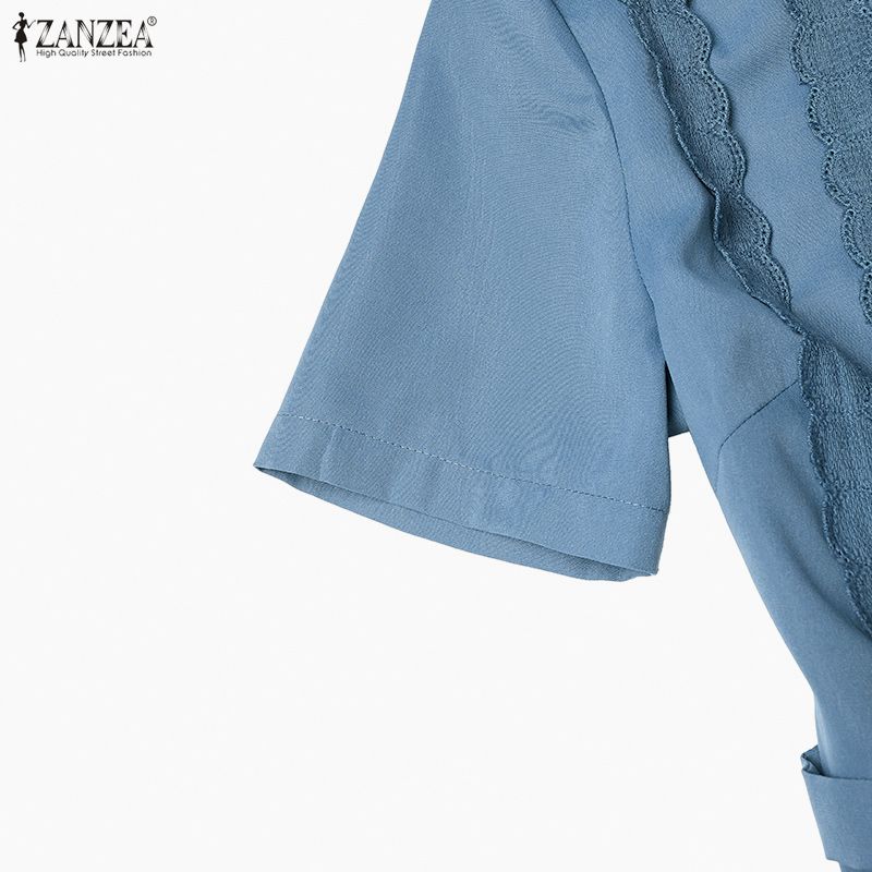 ZANZEA Women Casual V-Neck Solid Color Short Sleeve Pleated Dress