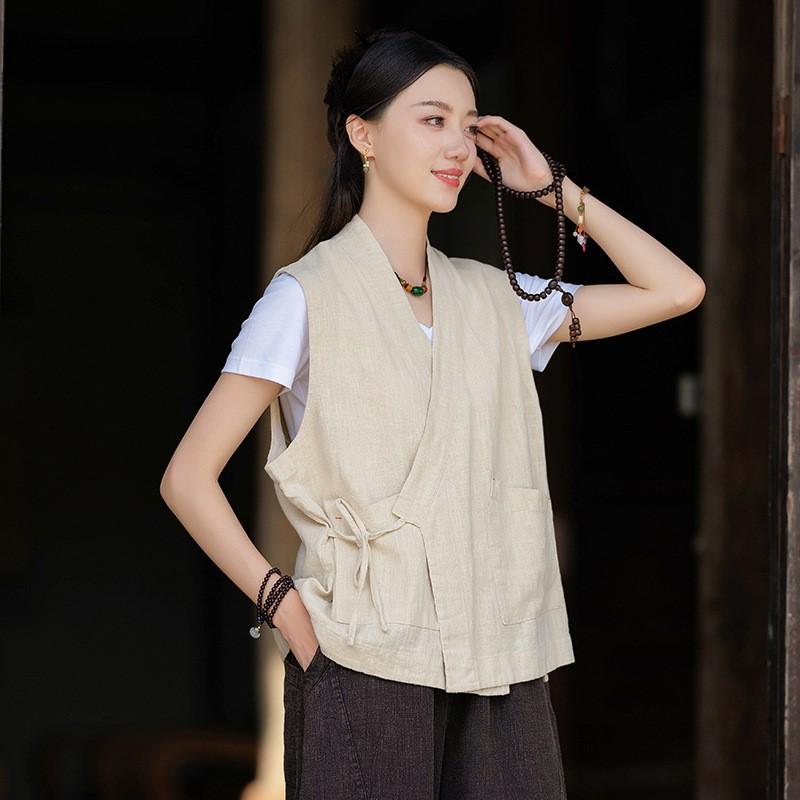 Johnature Women Chinese Style Belt Vests Coats V-Neck Solid Color Cloths Autumn Loose Vintage Vests