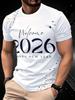 Men's 3D Digital Print T-Shirt, 2026 New Year Pattern and Gold Stars - White Casual Party Fit, Comfortable Summer Short Sleeve Top