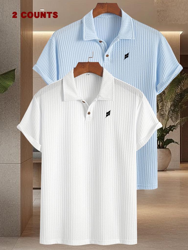 2pcs Men's Polo Shirts with S Letter Print Pattern, Short Sleeve Casual Shirts Comfortable Soft Knit Lapel Collar, Ideal for Daily Business Wear