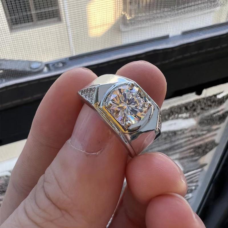 Mens Adjustable Open Ring With 2ct Simulated Moissanite White Gold Plated Geometric Design Business Casual Wear