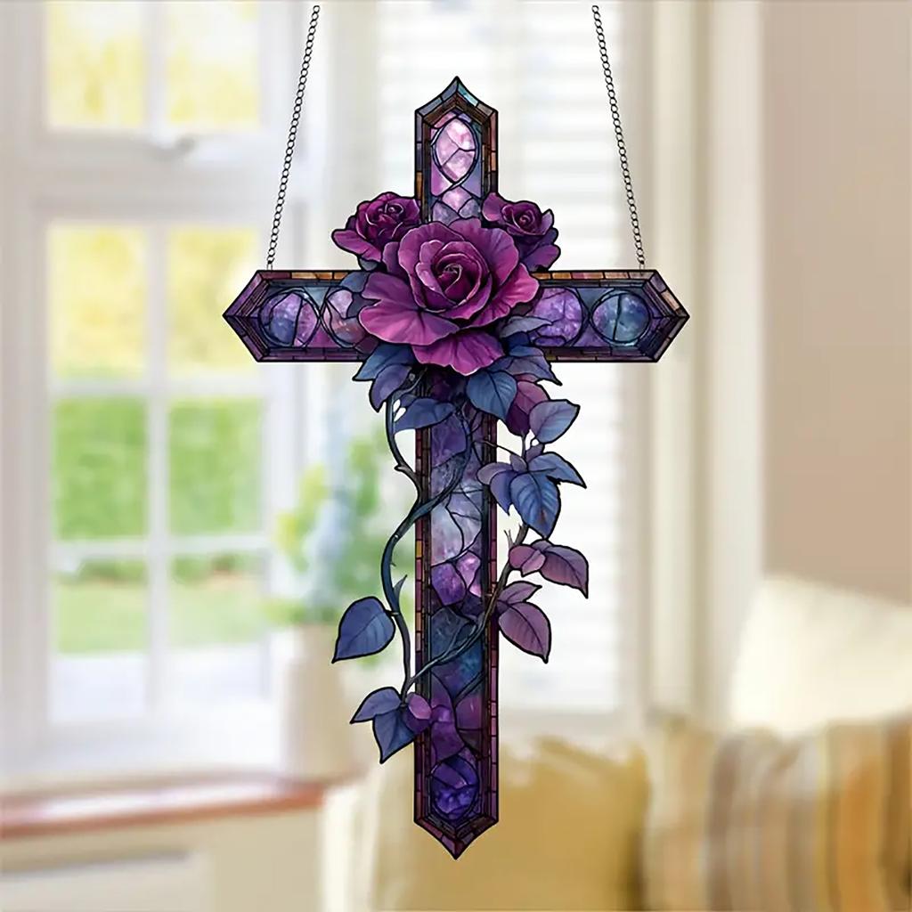 Décoration Suspendue Attrape-Soleil Croix Rose Violette