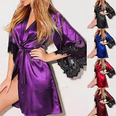 Vestaglia da Notte da Donna Robe Pizzo Floreale Accappatoio Manica Corta Camicia da Notte Sexy Set da Notte Setoso