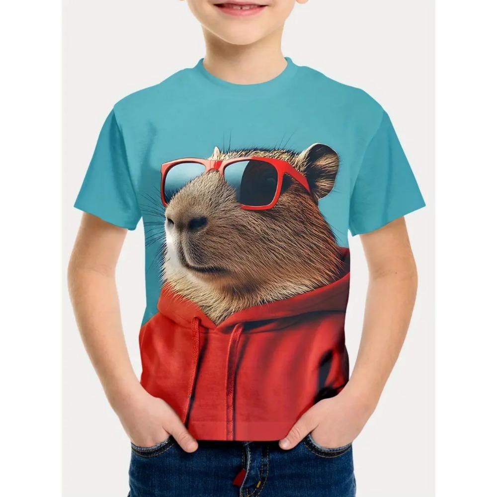 Adorable Capybara Boy Cartoon Print Short Sleeve T-Shirt for Boys, Loose-Fit Summer Top, Fashionable Kids' Clothing, Boys' Apparel