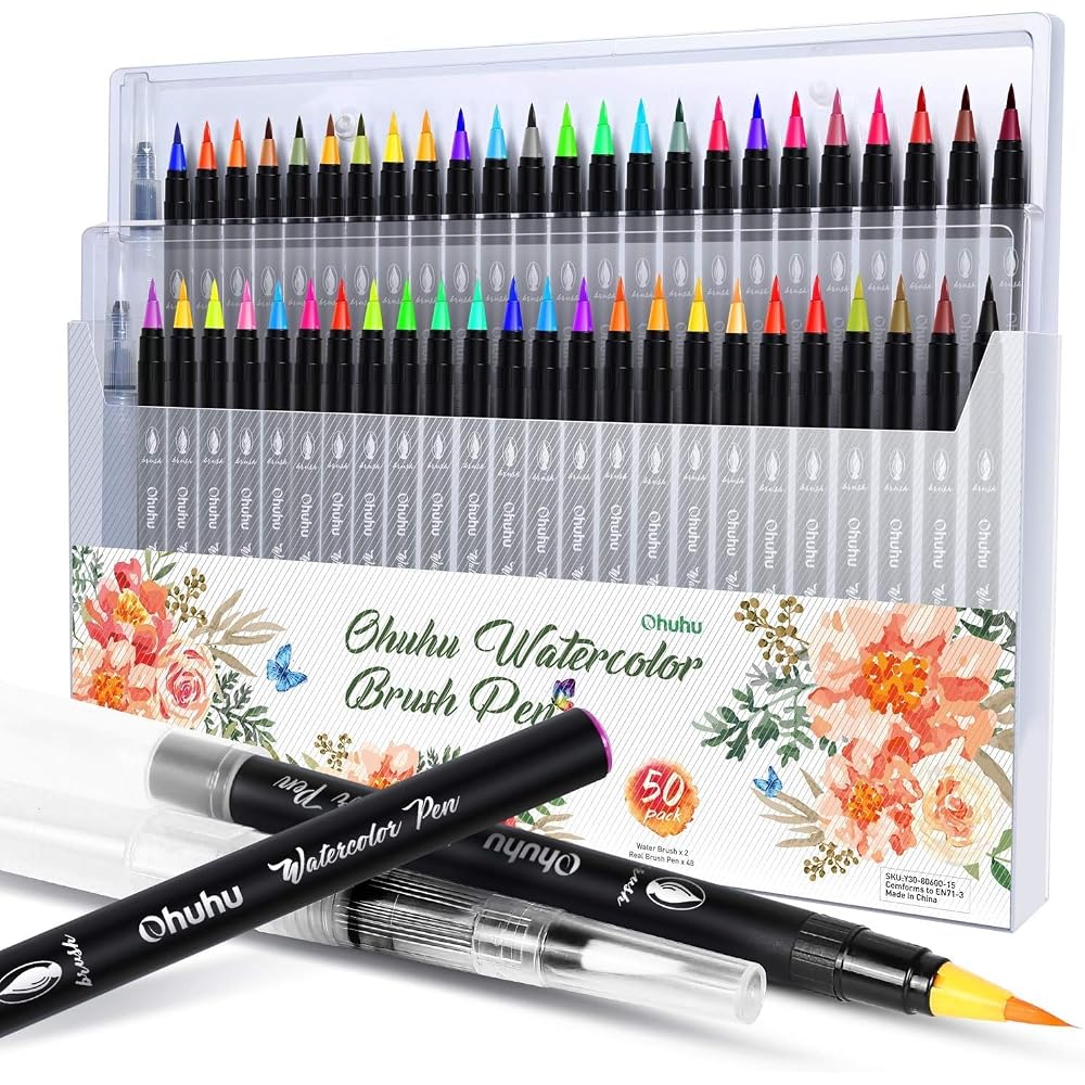 Ohuhu Watercolor Brushes, 48 Color Water Pens, 2 Watercolor Pens, Color Set, Watercolor Brushes, ...