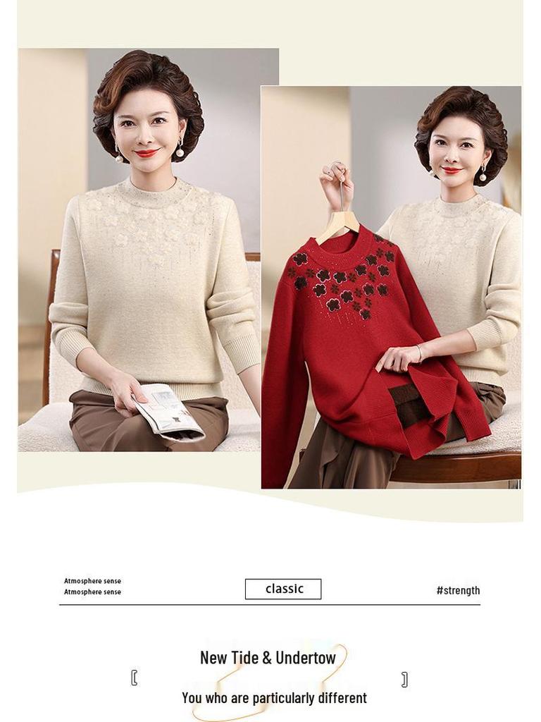 Mom's Velvet One-Piece Sweater for Women - Warm Embroidered Top for Middle-Aged & Elderly Women, Plus Velvet & Thickened for Autumn/Winter.