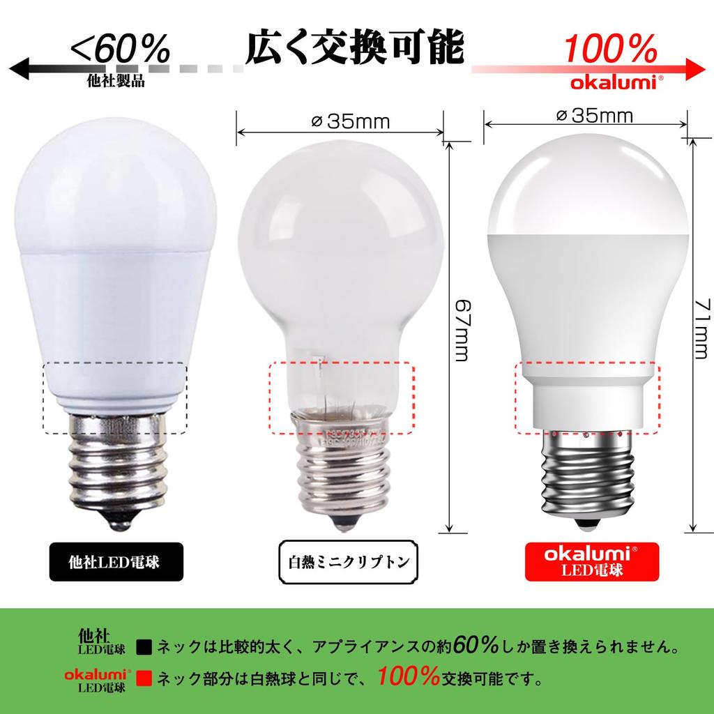okalumi LED light bulb, dimmable, E17 base, equivalent to 60W incandescent bulb, daylight white, 750lm, wide beam angle, compact size, suitable for
