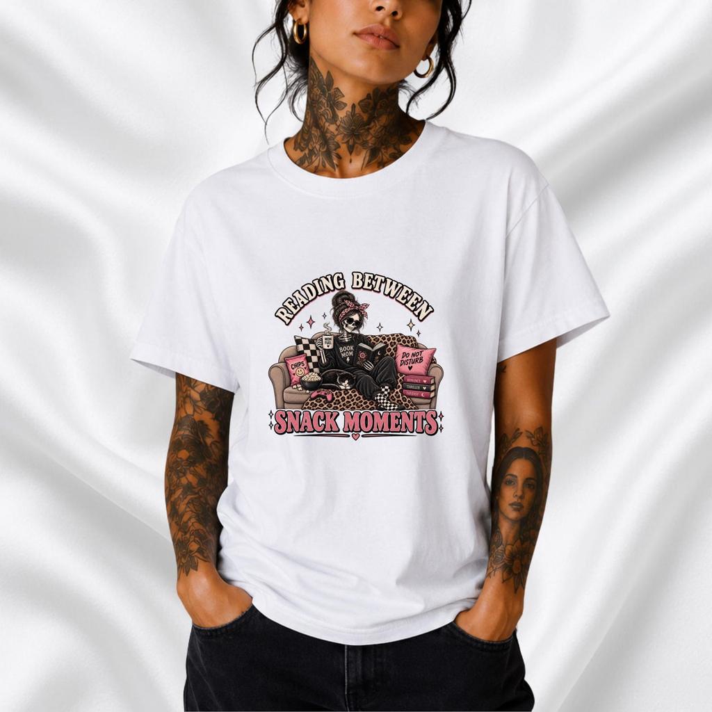 Reading Between Snack Moments Shirt, Book Mom Shirt, Skeleton Mom Tee, Book Lover Mom Shirt, Alternative Mom Tee, Funny Reading Shirt