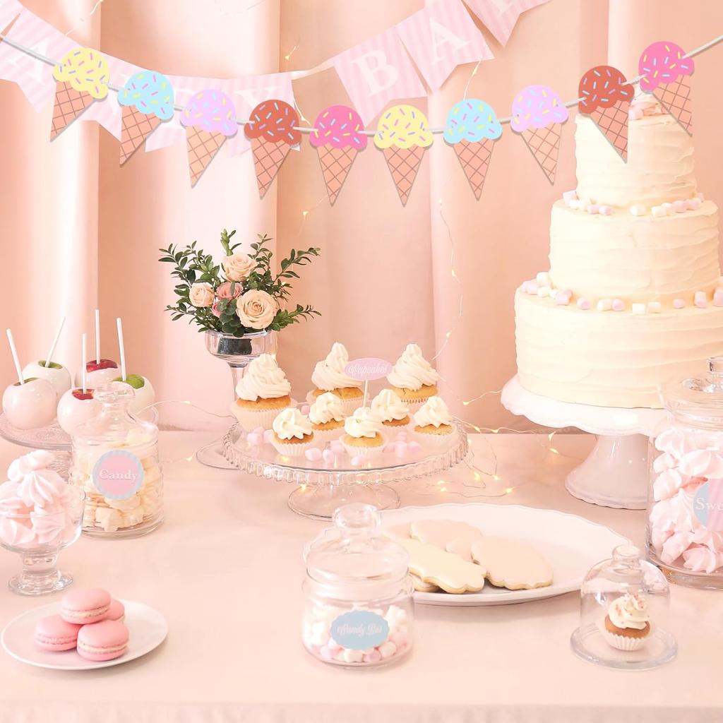 2 Pcs Ice Cream Banner, Ice Cream Birthday Party Decorations, 1st Birthday Banner, Garland Summer Baby Shower Wedding Party Backdrop Decoration