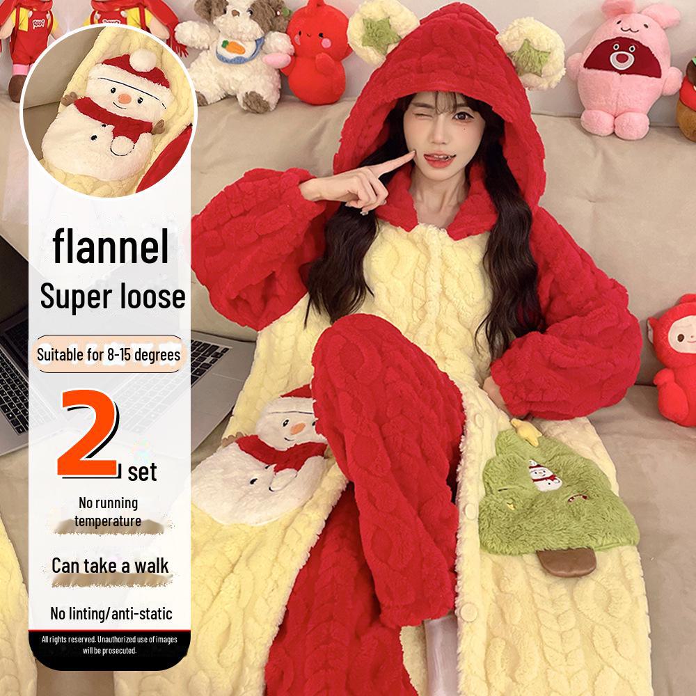 Women's Winter Plus Velvet Coral Fleece Nightgown - Cute Thick Flannel Home Wear