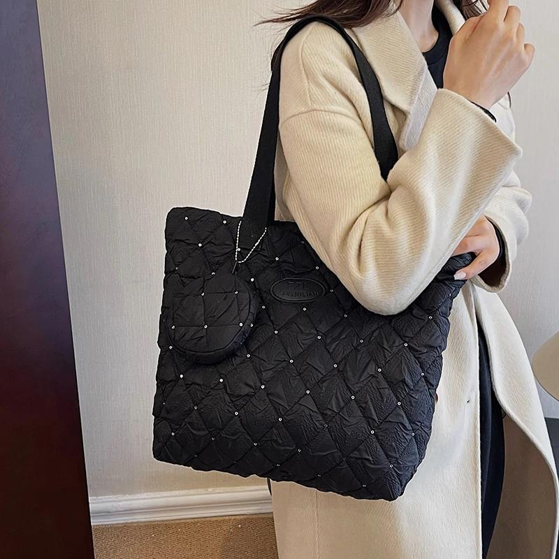 Robuste Baumwoll-Reißverschluss-Tragetasche Vielseitige Pendler-Schultertasche Diamant-Gitter Handheld-Einkaufstasche