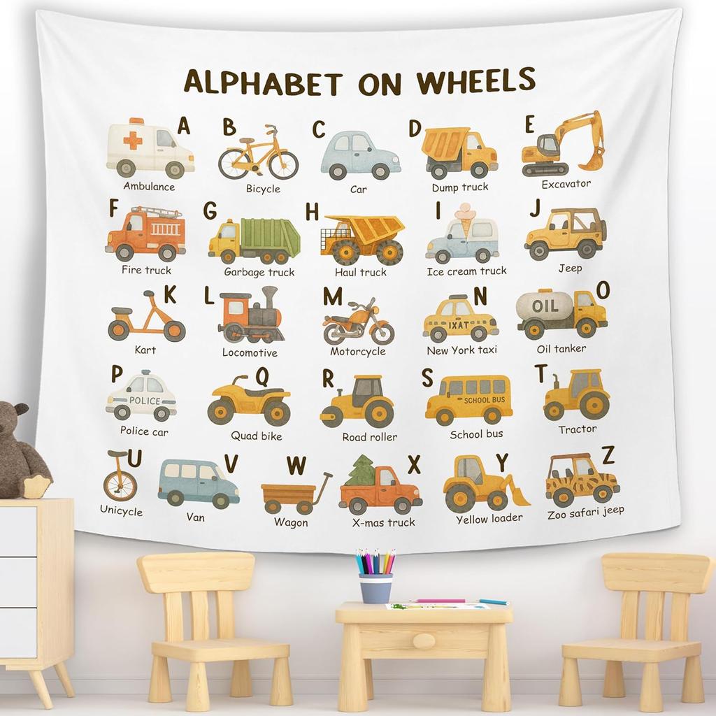 Classroom Car Alphabet Wall Tapestry Hanging For Boys Room, Nursery Traffic Transportation Tapestries, Rustic Cute Abc Truck