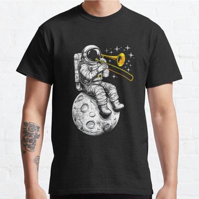 Herrenmode Lässig Kurzarm Astronaut spielt Posaune Musikinstrument Schwarze T-Shirts Übergroße T-Shirts
