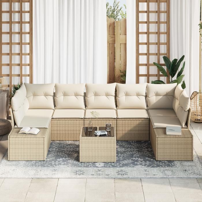 VidaXL Ensemble de Canapés de Jardin 8 Pièces avec Coussins Beige Poly Rattan 3346981
