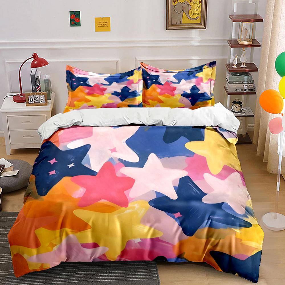 3Pcs Watercolor Star Bedding Set, Pastel Pink, Yellow and Blue Stars Print Duvet Cover + 2 Pillowcases, Cute Kids room Decor