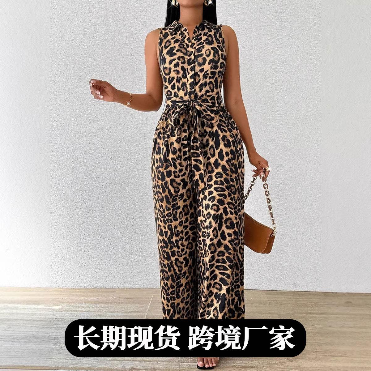 

Women Leopard Print Sleeveless Lapel Tie Waist Wide Leg Jumpsuit S