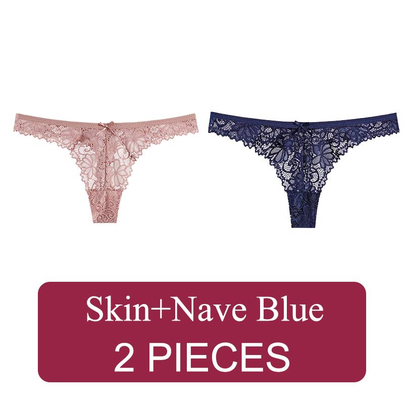 2 Pcs Sexy Lace Thong Low Waist Lace Transparent Panties Women Hollow Out Breathable G String Briefs Bow Underwear Lingerie