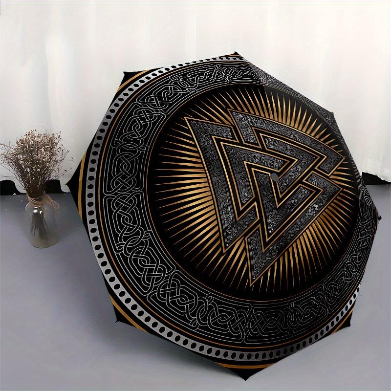"Golden Triangles: A Symbolic Artwork with Intricate Designs"Umbrella, Portable 3-Fold Compact Umbrella for Men & Women ES53
