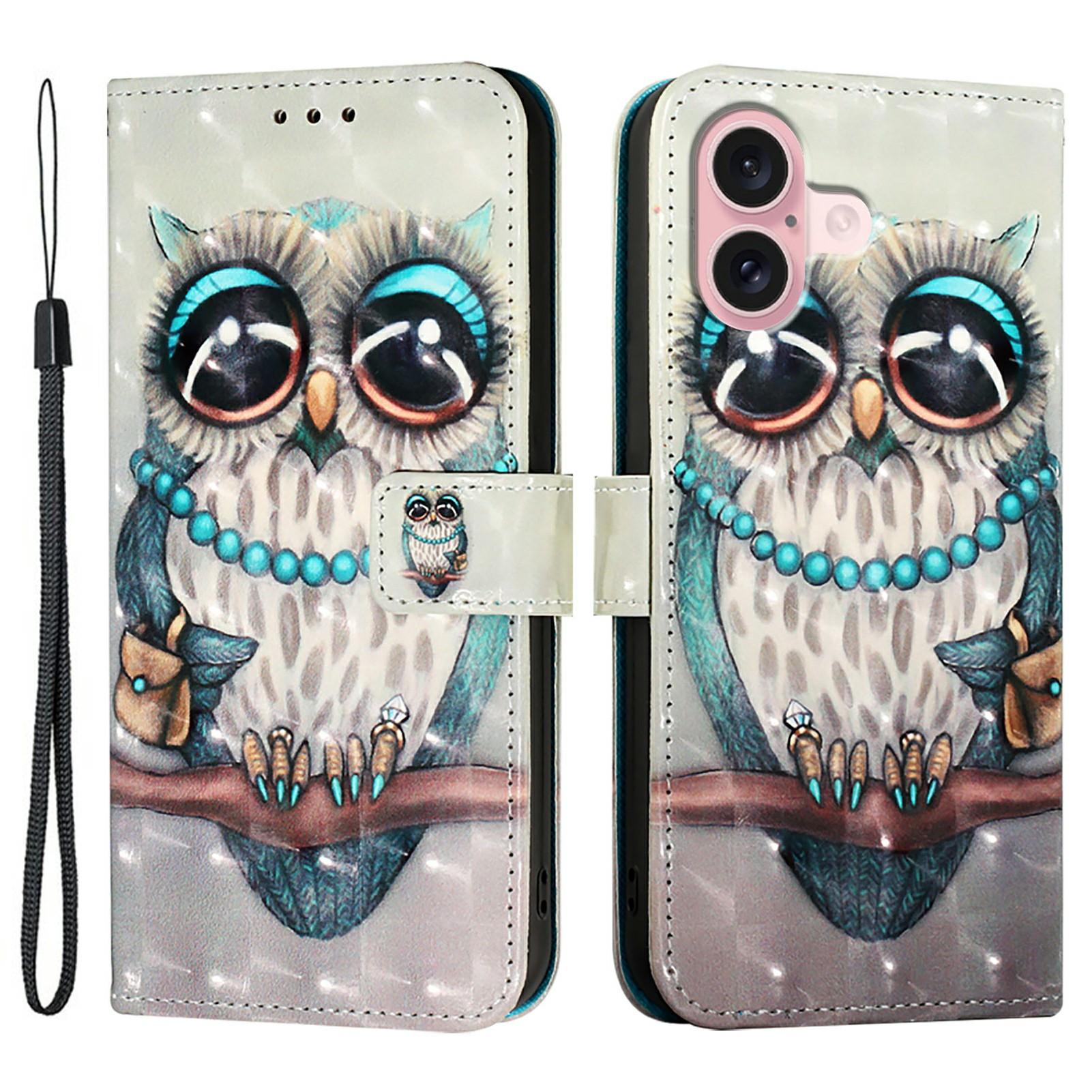 

For iPhone 16 Leather Case Pattern Printing Wallet Stand Mobile Cover with Strap Grey Owl