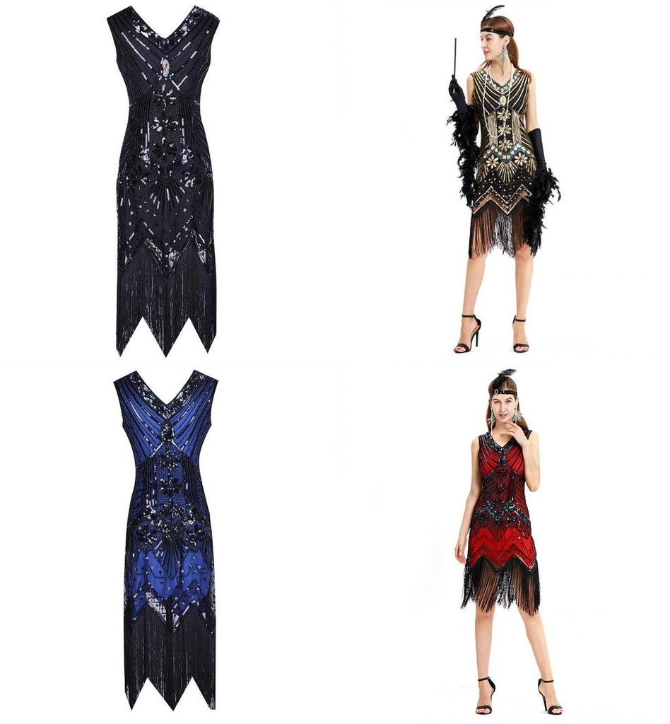 Eleganti Abiti da Festa da Donna Gatsby Flapper con Frange di Perline Vintage e Paillettes Senza Maniche Per uno Stile Senza Tempo