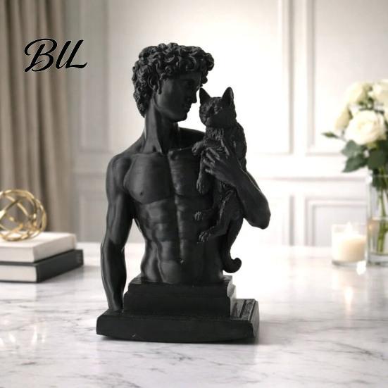 David Statue with Cat 3D Printed Cat, European Classic Art Sculpture Figurine Modern for Home Office Decor, Desktop Ornament Shelf Display Handcrafted