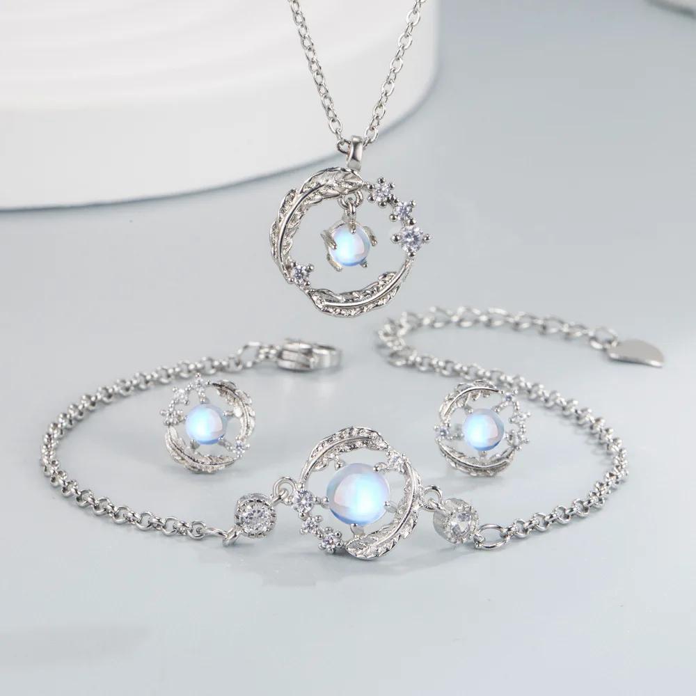 S925 Zilver Maansteen Veer Jij Begeleidt Ketting Oorbellen Armband Set Verlovingssieraden Cadeau voor Vrouwen zilver