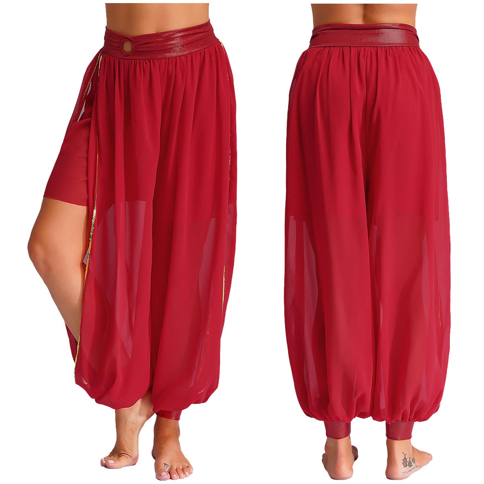 

Women s Belly Dance Harem Pants Ruched Waistband Side Split Pants Chiffon Bloomers Dancewear One Size красный