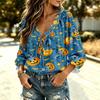 Women's Halloween Print V-Neck Ruffle Tie-Front Blouse with for Party