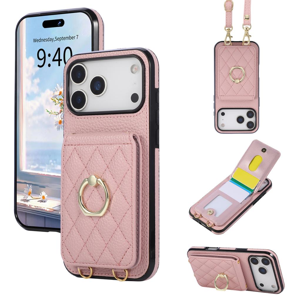 Crossbody Ring Holder Cards Solt Wallet Flip Leather Phone Case For iPhone 17 Pro Max 16 Plus 15 14 13 12 11 Long Lanyard Cover