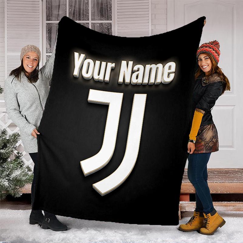 1pc Personalized Name Juventus Theme Blanket - Digital Print, Polyester, Cozy for All Seasons, Perfect for Outdoor, and Travel