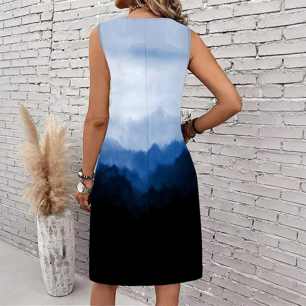 Plus Size V Neck Sleeveless Lush Bamboo Valley Stream Scenery Print For Outdoor Summer Wear