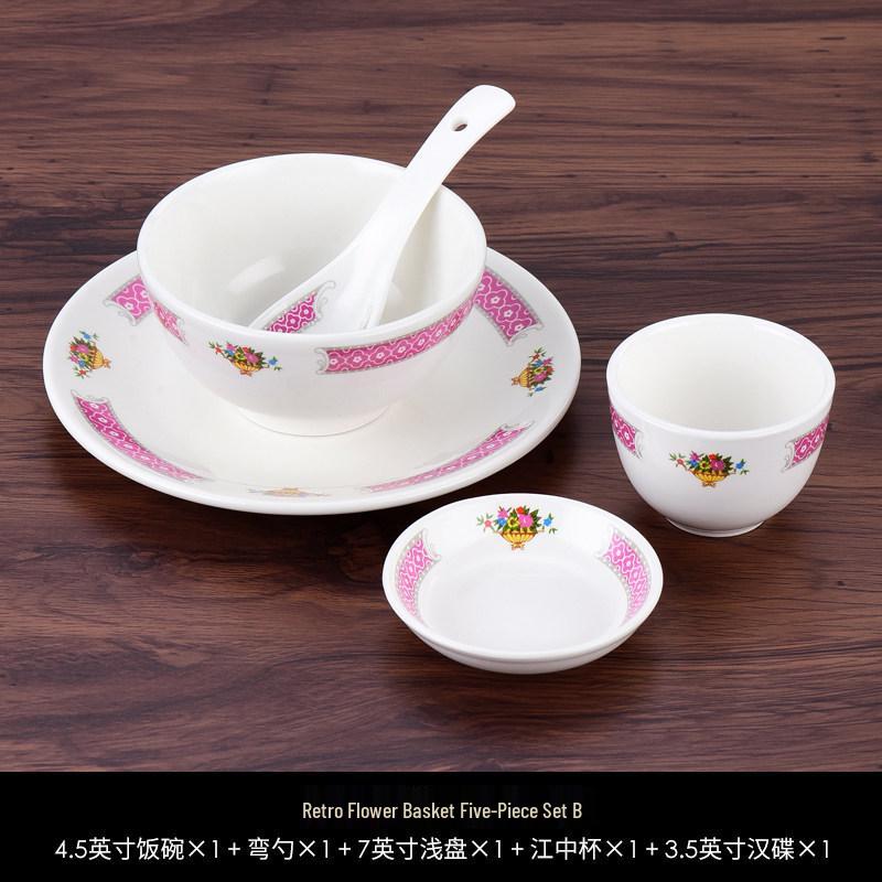 Hong Kong Style Vintage Ceramic Tableware: Fish Plate, Kway Teow Dish, Noodle Soup Bowl, Rice Bowl.