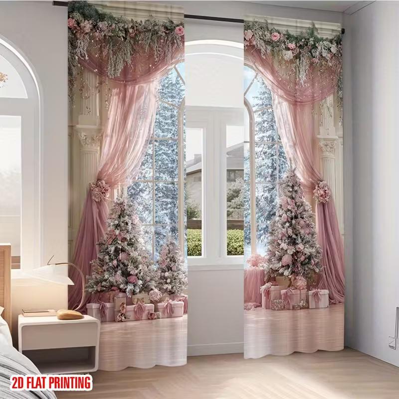 2 Pcs Pink artificial gauze print curtains,suitable for bedroom,living room kitchen decoration,home decoration,window decoration