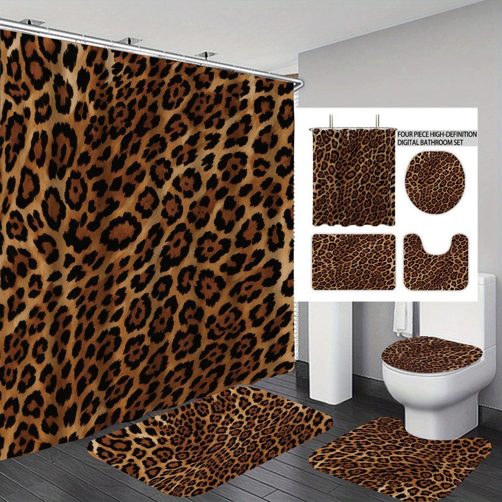 Bathroom Four-Piece Leopard 3D Digital Printing Shower Curtain Set Non-Slip Floor Mat