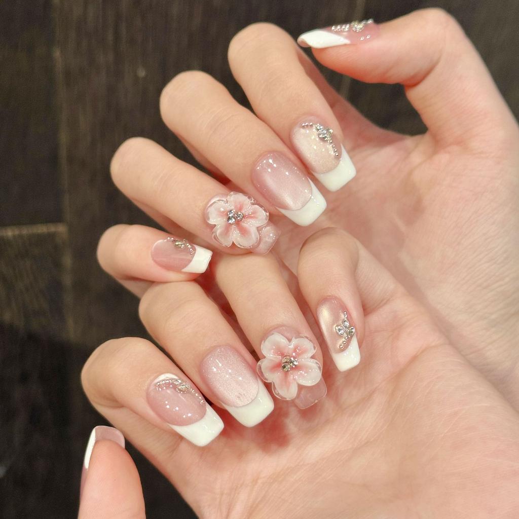 10Pcs Handmade Aurora Press On Nails Long Almond Shape Floral Design Full Cover False Nail Tips For Women