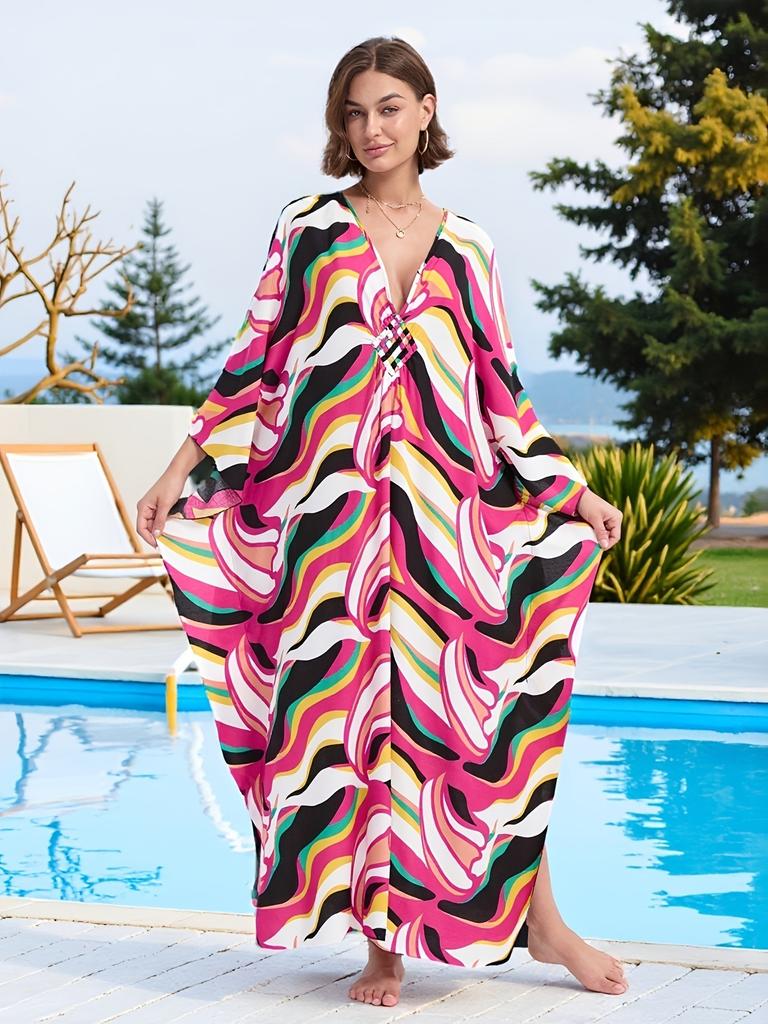 Vacation dress, long robe, loose positioned print beach cover-up, bikini dress