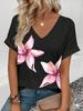Floral Print V-Neck T-Shirt, Rolled Short Sleeve Casual Top For Women