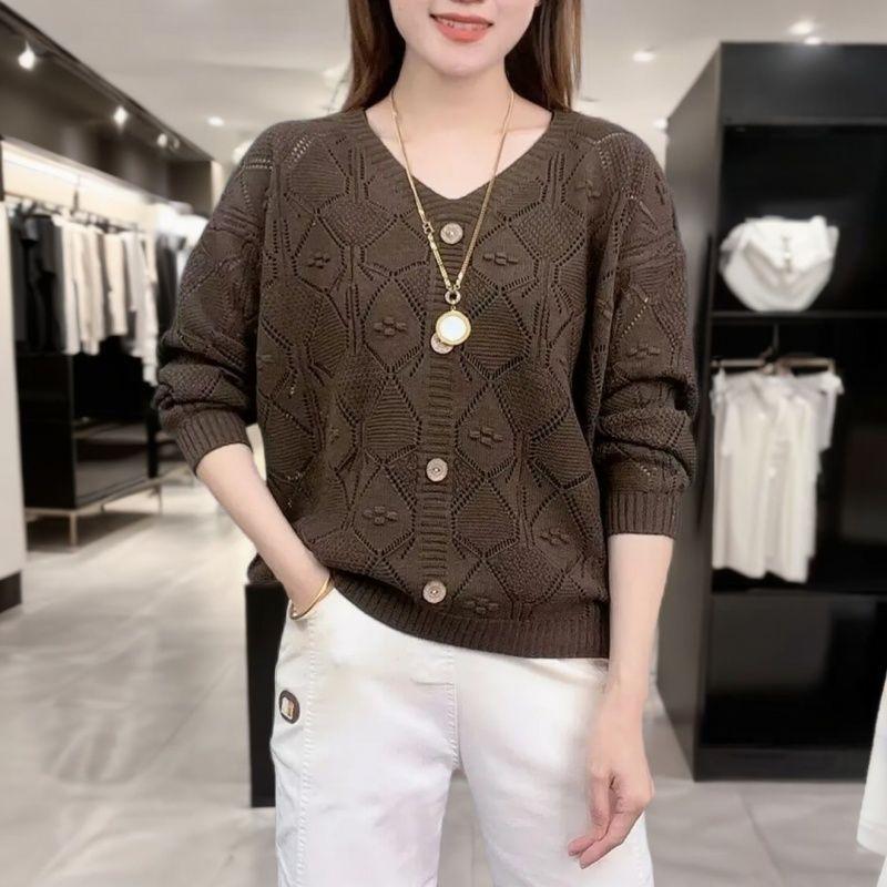 Women's Plus Size Sweater Thin Hollow Solid Color V-Neck Sweater Loose Knit Pullover Top Summer