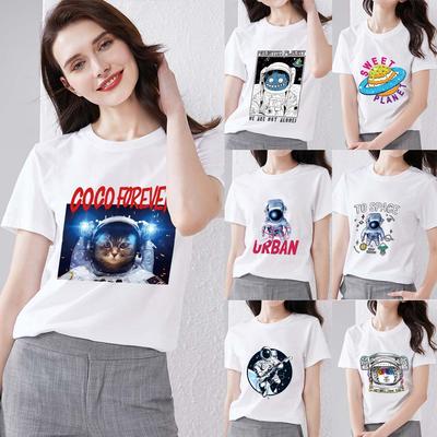 Dámské bílé tričko Ležérní Kreslený Moon Space Bear Potisk Pohodlné dámy Prodyšné Mládež Tenký top s výstřihem do O Krátký rukáv