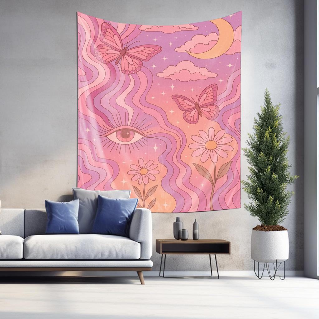 Dreamy Pink Butterfly  Flower Tapestry Artistic Wall Hanging Decor for Bedroom  Living Room