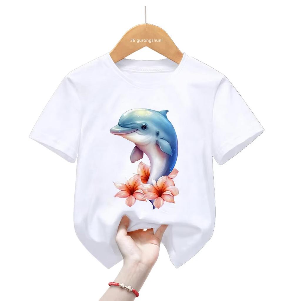 Kawaii Dolphin Whale Flowers Tshirt Watercolor Graphic Print Short Sleeve Unisex Unisex Casual Harajuku Tee