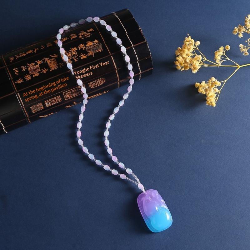 Amber Beeswax Gradient Purple-Blue Necklace Water Drop Flowers Pendent Necklace For Women Unisex Beaded Pendant Ornaments Gift